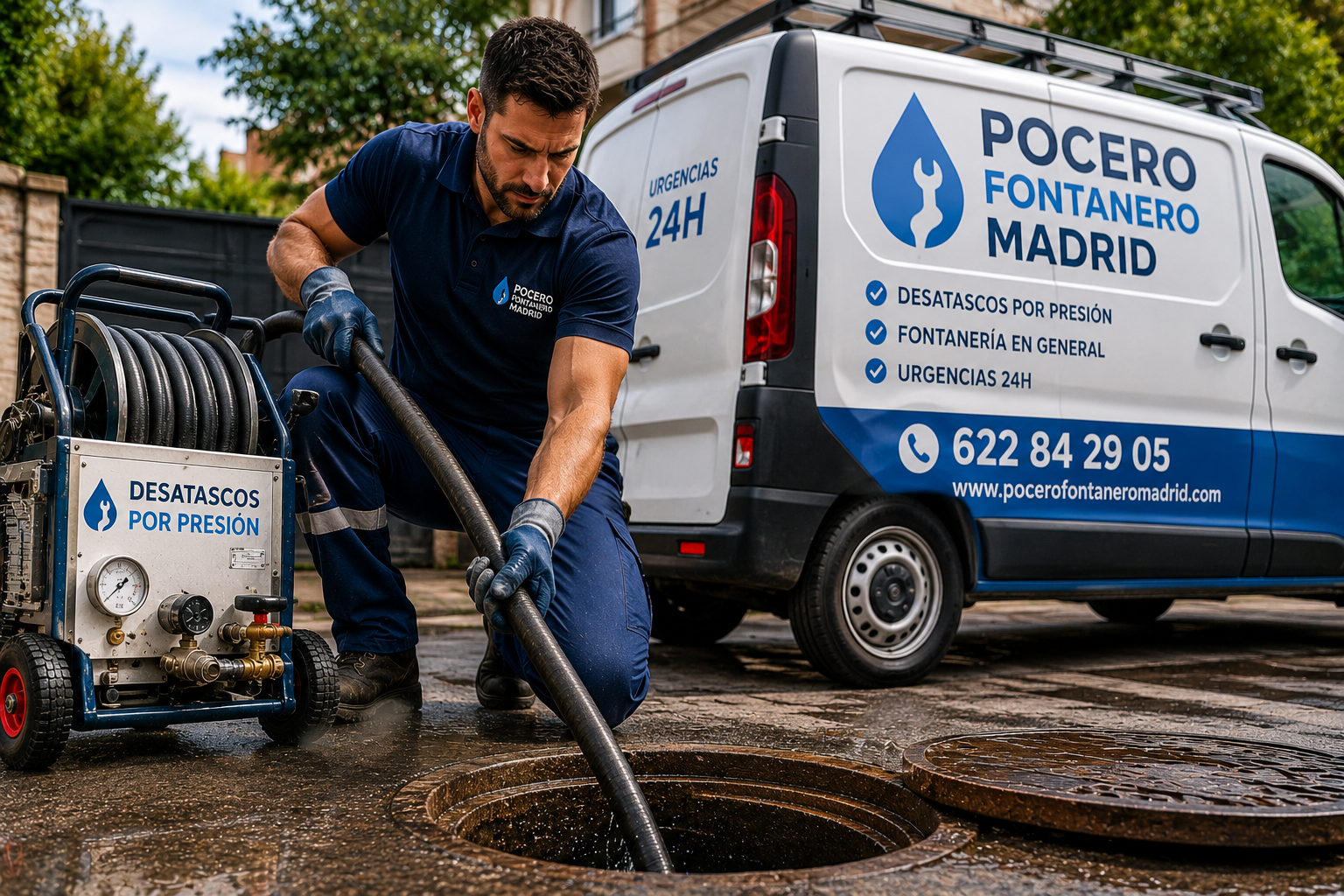 Fontanero usando sistema de desatasco por presión en Madrid