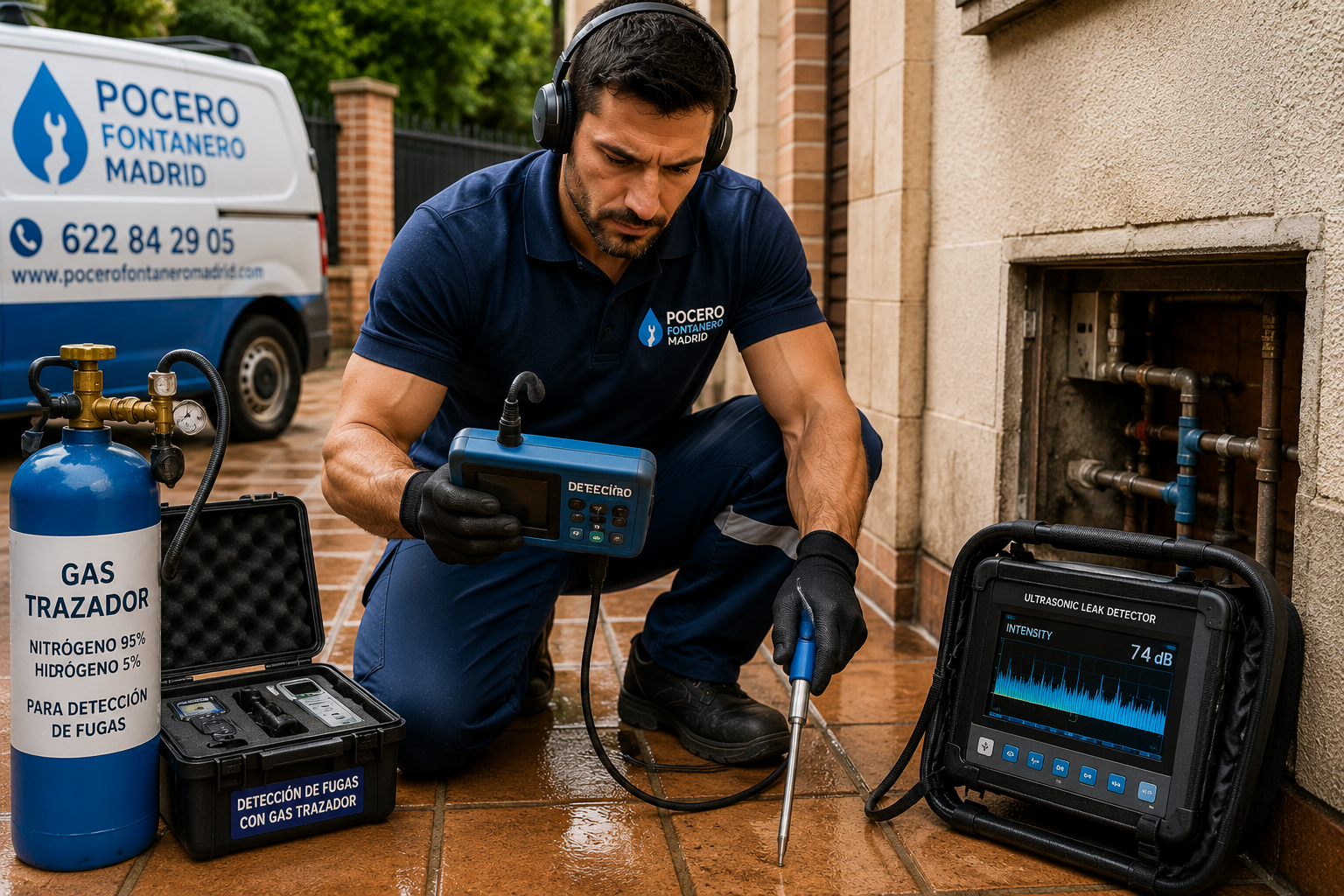 Fontanero usando ultrasonido y gas trazador para detectar una fuga de agua