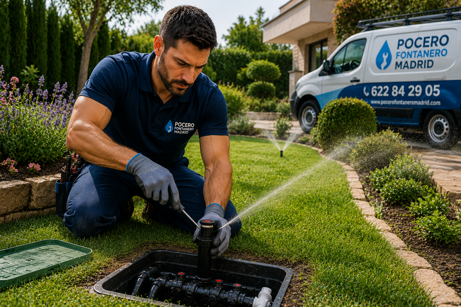 Fontanero instalando sistema de riego automático en jardín